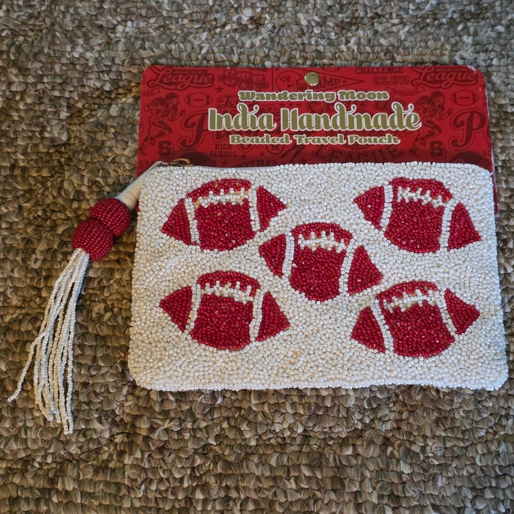 Wandering Moon India Handmade Beaded Football Travel Pouch Red White Clutch NWT